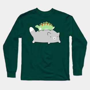 A cute blue tuxedo cat and tiny green stegosaurus. Long Sleeve T-Shirt